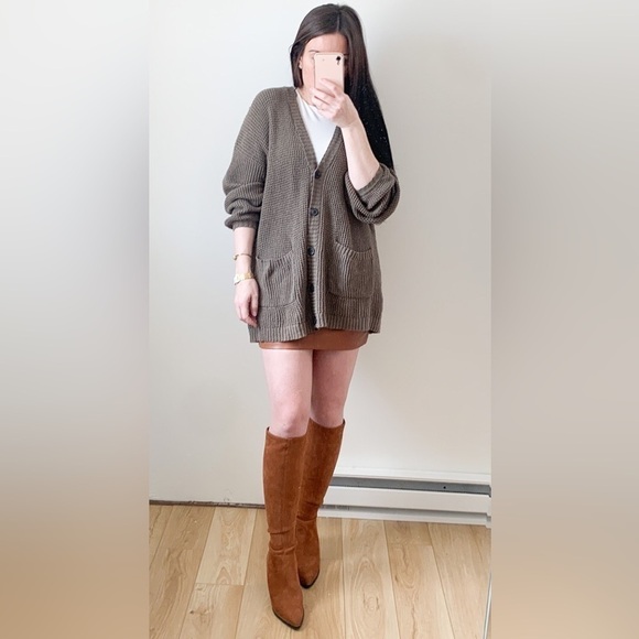 American Eagle Oversized waffle knit Grandpa Slouchy Cardigan Gray Brown XS/S - Picture 3 of 11